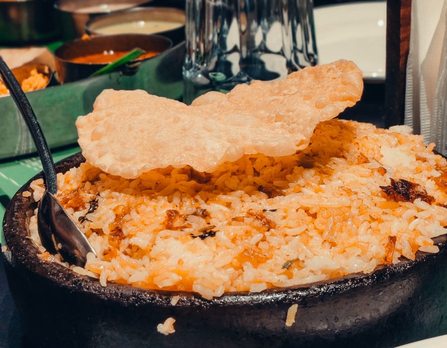 Biryani served with papadum