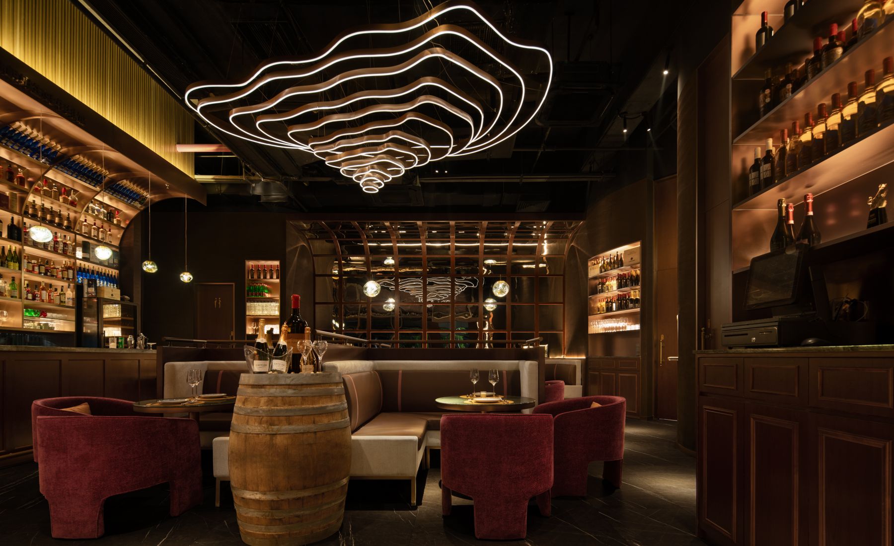 The dining room at Indiranagar, lit low